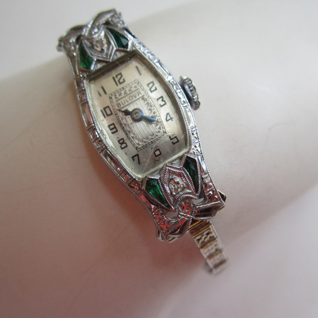 Art Deco Bulova 14K White Gold Diamond And Emerald Watch | D & L Vintage