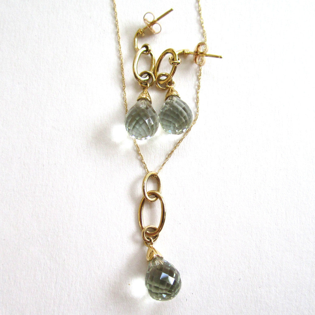 14K Yellow Gold Green Amethyst Necklace/Earrings Set