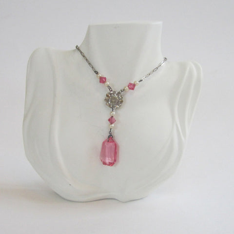 Art Deco Pink Glass Faux Pearl Floral Pendant - D & L  Vintage 